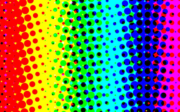 large halftone pattern featuring all colours of the spectrum formed by overlapping the 4 process colours of yellow cyan magenta and black
