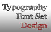 drawn lettering spelling out concepts related to type design, spelling the words typography font set and design