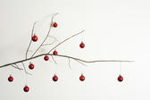 Modern decorated twig Christmas tree with a dried leafless branch decorated with colorful red baubles to celebrate the holiday, over white