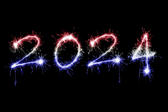 blue, white and red new year 2024 sparkling typeface on back background, symbolic of national pride