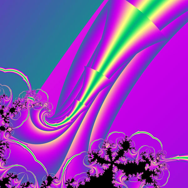 a fractal composition of colourful arrows spreading out into floral like mandelbrot patterns
