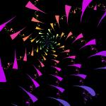 a fractal backdrop of spiraling rainbow coloured cruved triangles
