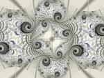 a black and white fractal with spiraliing lines and subtle blue highlights