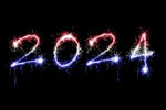 blue, white and red new year 2024 sparkling typeface on back background, symbolic of national pride